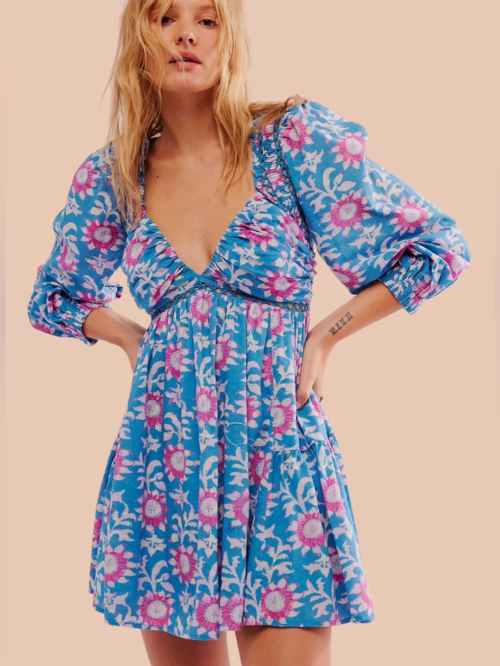 Free People Sacha Mini Dress S Blue Pink Floral Cotton Cottagecore Boho Babydoll